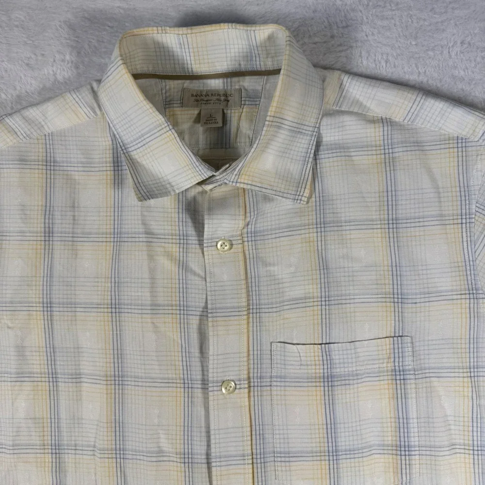 Banana Republic Button Down Shirt Mens L White Yellow Plaid Linen Cotton Blend‎